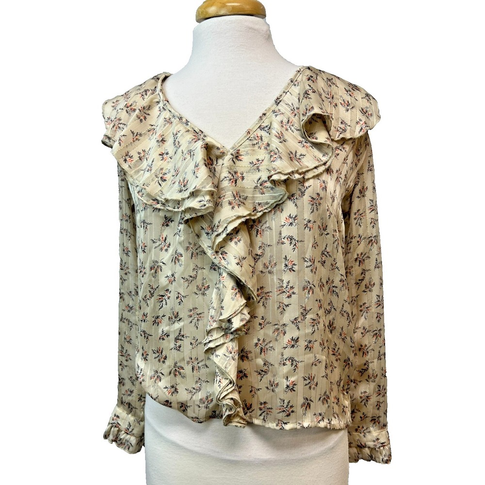 NWT Souvenir Camiica Panna Double Ruffle V-Neck‎ Top Semi Sheer Tan Floral SZ S